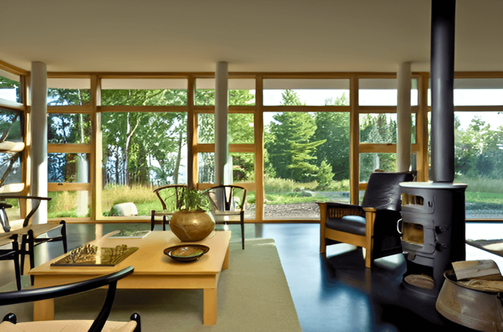 interior of home - wooden frame around wall of windows