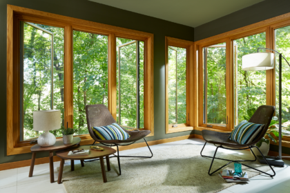 casement windows with wood veneer slightly open to a forested area